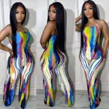 Sexy Suspender Graffiti Positioning Print Wide Leg Jumpsuit