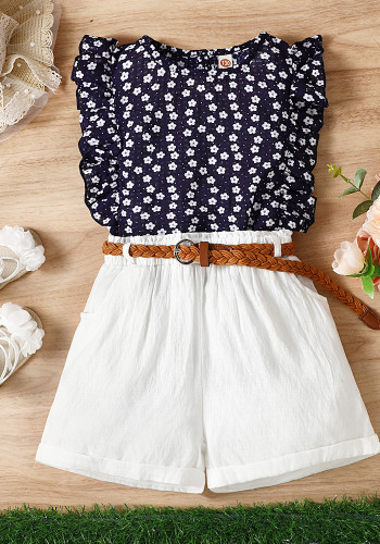 Kids girl floral shirt + white shorts two piece summer outfits