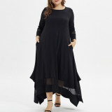 Spring Fall Plus Size Mesh Patchwork Dress Round Neck 3/4 Sleeve Maxi Dress