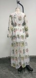 Women Spring Printed Sweet V-neck Full Sleeves Floral Print Ripped Maxi Dress