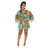Women's Fashion New V-Neck Sexy Low Back Print Shorts Jumpsuit