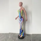Sexy Suspender Graffiti Positioning Print Wide Leg Jumpsuit