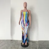 Sexy Suspender Graffiti Positioning Print Wide Leg Jumpsuit