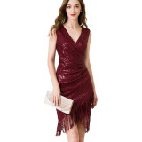Fashionable Burgunry sleeveless deep v-neck sexy dress skirt female sequin tassel irregular hem dress