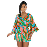 Women's Fashion New V-Neck Sexy Low Back Print Shorts Jumpsuit