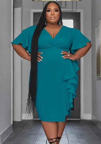Chic Women's Solid Color V-neck Ruffle Slim Sexy Plus Size Dress