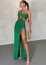 Women Sexy Slash Shoulder Solid Backless Slit Dress