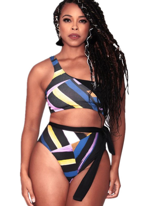 Damen-Bikini, zweiteilig, bedruckt, hohe Taille, Krawatte, One-Shoulder-Bikini, zweiteilige Badebekleidung