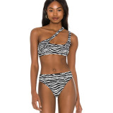 Women Stripe Print Slash Shoulder Backless Bikini Two Pieces Swimwear