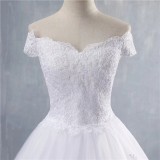 Women White Wedding Dress Lace Applique Prom Off Shoulder Bridal Dress Mid Waist Lace-Up Wedding Dress