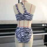 Women Stripe Print Slash Shoulder Backless Bikini Two Pieces Swimwear