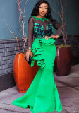 Women lace mermaid long sleeves ruffles dress
