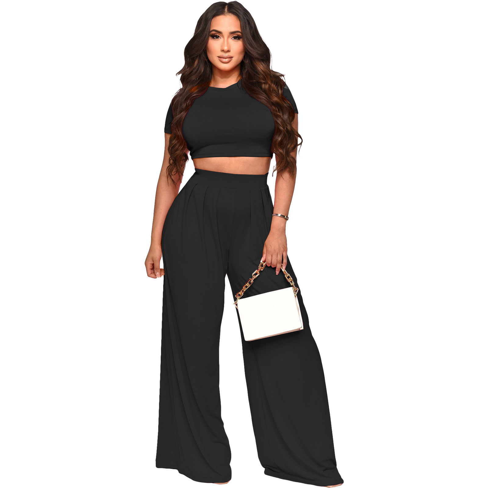 Women Crop Top and Solid Wide Leg Pants Two-Piece Set - The Little