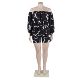 Plus Size Women Sexy Print Off Shoulder Long Sleeve Top and Shorts Two Piece