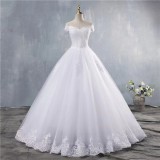 Women White Wedding Dress Lace Applique Prom Off Shoulder Bridal Dress Mid Waist Lace-Up Wedding Dress