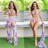 Fashion Flower Printed Wide Leg Pants Bikini Three-Piece Set