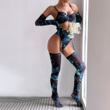 Sexy Lingerie Sexy See-Through Push Up Printed Gloves Leg Cover Women's Five-Piece Set