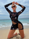 Sexy Long Sleeve See-Through Beaded Sexy Lingerie Women Bright Diamond Bodycon Tight Fitting Mesh Dress