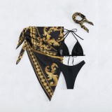 Retro Print Bikini Mesh Kerchief Sexy Ladies Four-Piece Swimsuit