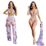 Fashion Flower Printed Wide Leg Pants Bikini Three-Piece Set