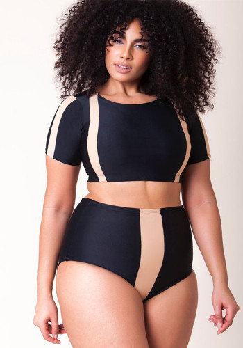 Women Two Pieces Swimsuit Plus Size Color Block High Waist Bikini Half Sleeve Top Swimsuit
