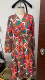 Spring And Summer Fashion Long-Sleeved V-Neck Printed Dress For Women