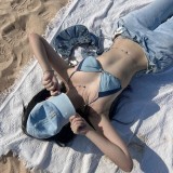 Bikini Sexy Low Back Colorblock Denim Stoff Zweiteiliger Badeanzug Damen