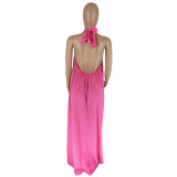 Summer Women's Sleeveless Halter Neck Sexy Low Back Solid Color Maxi Dress