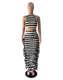 Women's Summer Fashion Black And White Striped Sleeveless Tank Top Ruffle Skirt Two-Piece Set