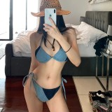 Bikini Sexy Low Back Colorblock Denim Stoff Zweiteiliger Badeanzug Damen
