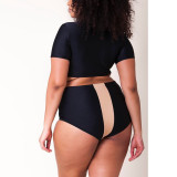 Women Two Pieces Swimsuit Plus Size Color Block High Waist Bikini Half Sleeve Top Swimsuit