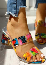 Zapatillas de mujer, sandalias y zapatillas de una palabra con tacón grueso y diamantes de imitación, zapatos de mujer de talla grande con tacón medio a juego de colores