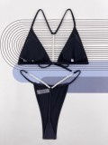 Sexy Two Piece Bikini Set Pearl Chain Solid Color Swimsuit
