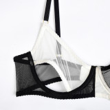 Schwarze und weiße Kontrastfarbe, elastisches Netz, durchsichtig, sexy Unterwäsche, dreiteilige Dessous