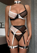 Sous-vêtements sexy transparents en maille élastique de couleur contrastante noir et blanc Lingerie trois pièces