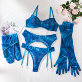 Sexy Lingerie Sexy See-Through Push Up Printed Gloves Leg Cover Women's Five-Piece Set