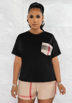 Damen-Sommermode-Casual-Patchwork-Print-Karo-T-Shirt-Set