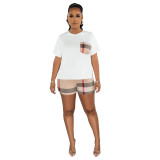 Ladies Summer Fashion Casual Patchwork Print Check T-Shirt Set