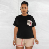 Ladies Summer Fashion Casual Patchwork Print Check T-Shirt Set
