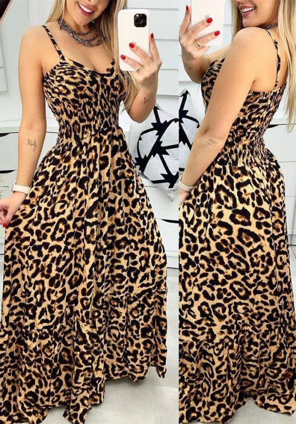 Sommerkleid mit Leopardenmuster und V-Ausschnitt, hohe Taille, sexy schickes modisches langes Kleid