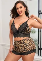 Plus Size Leopard Print Lace Trim Bra + Shorts Loungewear Lingerie Set