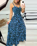 Sommerkleid mit Leopardenmuster und V-Ausschnitt, hohe Taille, sexy schickes modisches langes Kleid