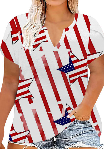 プラスサイズの女性のプリント夏半袖 V ネック T シャツ