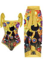 Women French Vintage Print One-Piece Swimsuit Beach Dress Two-Piece Set