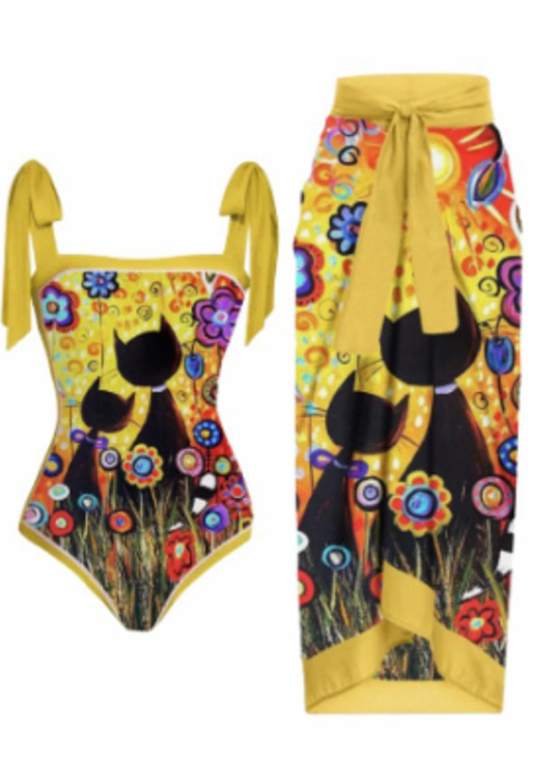 Einteiliger Badeanzug mit französischem Vintage-Print für Damen, Strandkleid, zweiteiliges Set