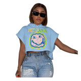 Damen Sommer-Print Kurzarm-T-Shirt mit Kapuze