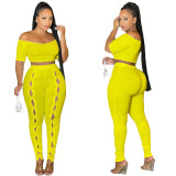 Women Summer Sexy Off Shoulder Short Sleeve Top and Button Pants Two-Piece Set