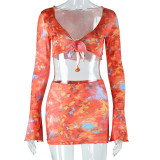 Women Sexy Knot Print Bell Bottom Sleeve Top and Skirt Two-Piece Set