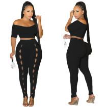 Women Summer Sexy Off Shoulder Short Sleeve Top and Button Pants Two-Piece Set