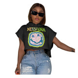 Damen Sommer-Print Kurzarm-T-Shirt mit Kapuze